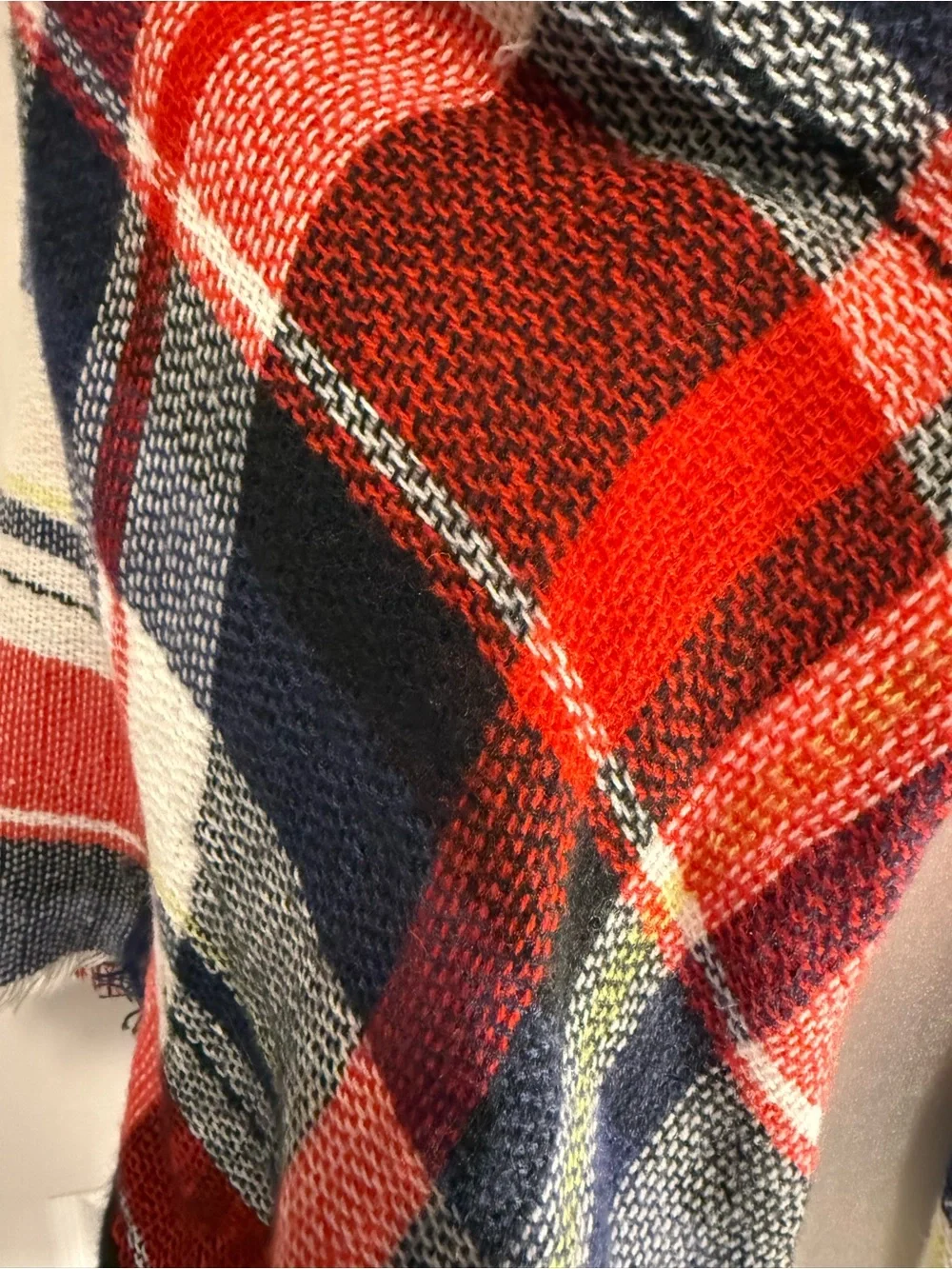 Plaid Fringed Blanket Shawl in Red, Navy & White - Unbranded